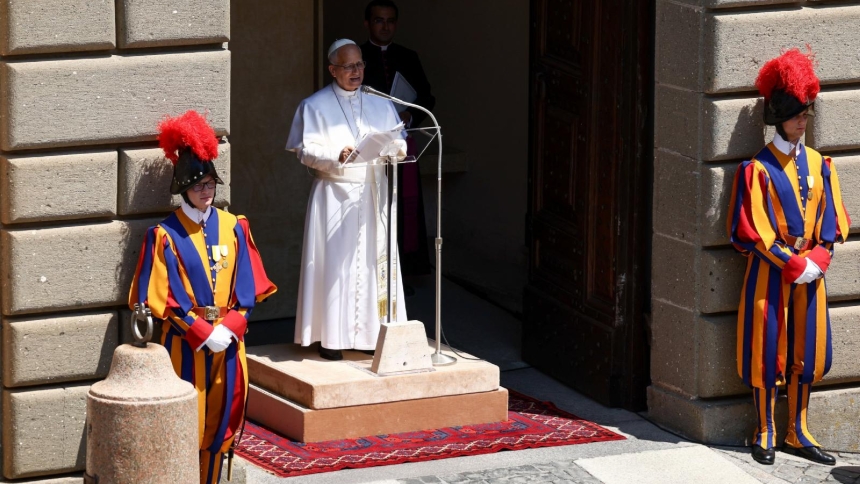 Pope Leo leads the Angelus prayer in Piazza della Liberta in Castel Gandolfo, near Rome, Italy, July 12, 2026. (OSV News photo/Guglielmo Mangiapane, Reuters)