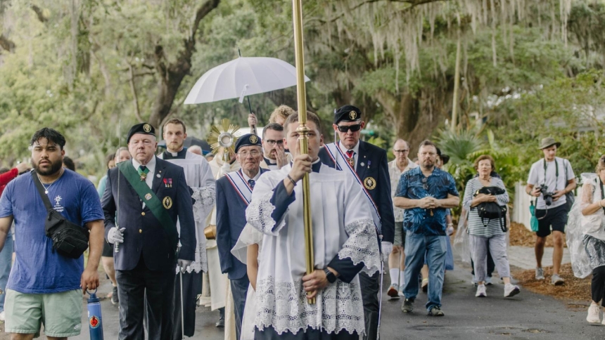 Pilgrims process during the 2026 National Eucharistic Pilgrimage in Savannah, Ga., May 27. As the Georgia Martyrs' Oct. 31 beatification approaches, pilgrims hoping to learn more about them and walk in their footsteps are able to visit a handful of identified sites. (OSV News photo/courtesy John Paul Flynn)