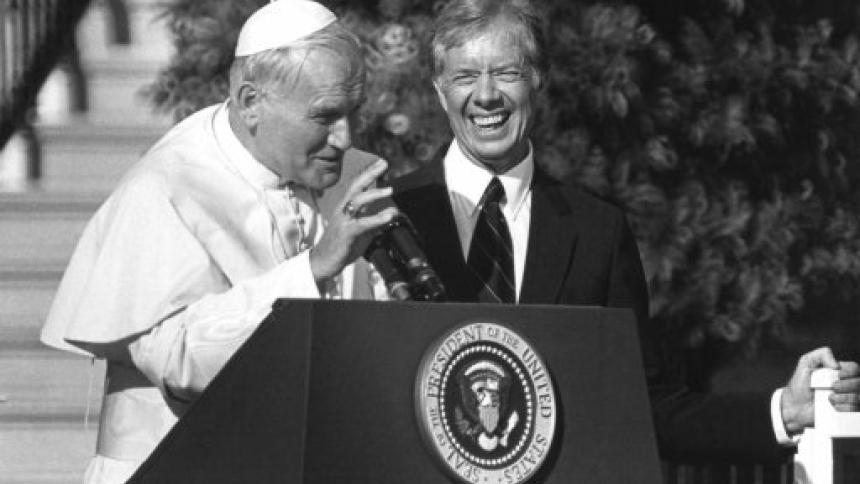 St. John Paul II addresses a press conference with President Jimmy Carter in the Rose Garden at the White House Oct. 6, 1979. He was the first pope to visit the White House, During his papacy, St. John Paul made seven visits to the United States. (OSV News photo/Chris Sheridan)