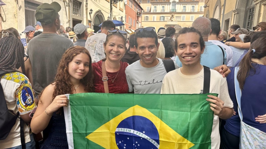 Vínicius Marques Diniz, 22 years old, first from right, came to Castel Gandolfo, Italy, to pray with the pope with his family from Campo Grande, Brazil, July 19, 2026. (OSV News photo/Courtney Mares)