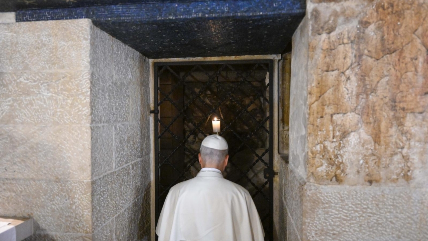 Pope Leo XIV visits the tomb of Sts. Benedict and Scholastica during a visit to Benedictine Abbey of Montecassino in the town of Cassino, Italy, July 20, 2026. (OSV News photo/Simone Risoluti, Vatican Media)