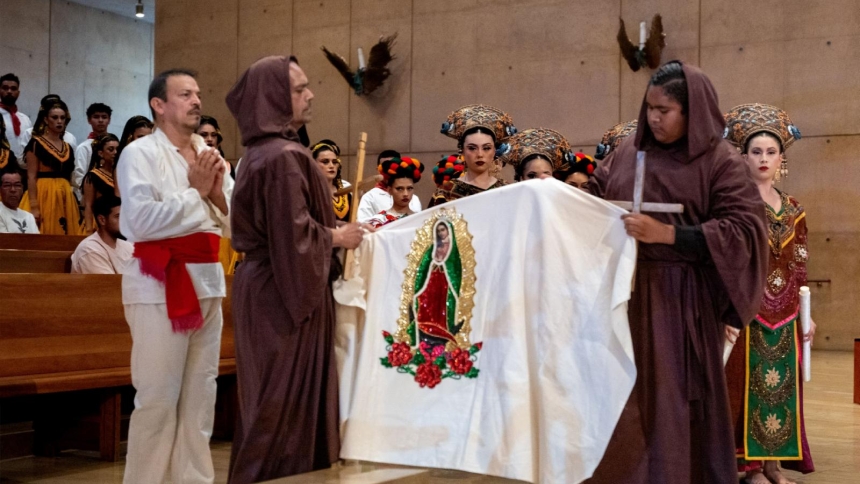 Performers depict the origin story of Our Lady of Guadalupe during a special performance of "Misa Azteca" at the Cathedral of Our Lady of the Angels in Los Angeles on June 27, 2026. (OSV News photo/Reese Cuevas, courtesy Archdiocese of Los Angeles)