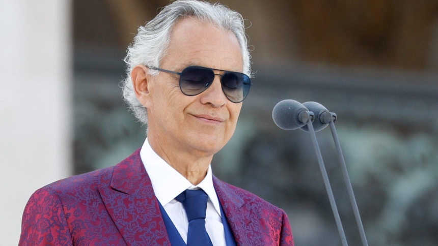 Andrea Bocelli performs during the World Meeting on Human Fraternity in St. Peter's Square at the Vatican June 10, 2023. Bocelli will sing for Pope Leo XIV with a choir of 160 children from the Holy Land, Uganda and Italy in the Vatican Gardens in Castel Gandolfo on July 29, 2026, in a special performance organized by the Andrea Bocelli Foundation. (CNS photo/Lola Gomez)