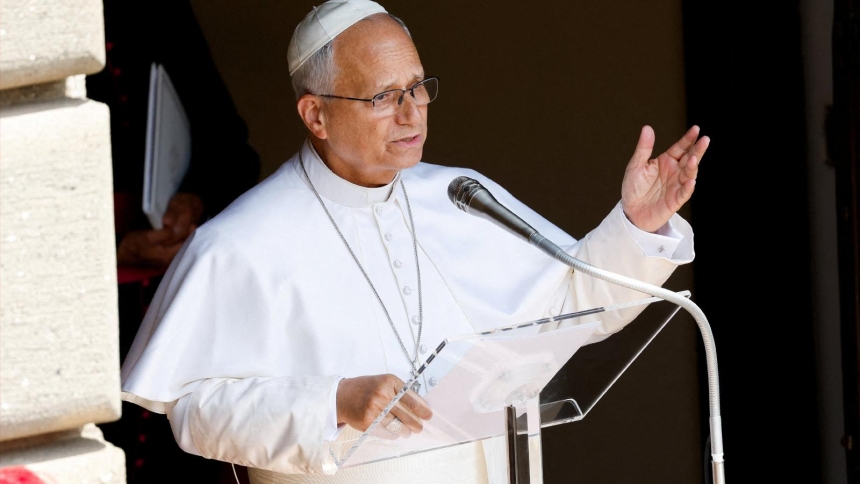 Pope Leo XIV leads the Angelus prayer in Piazza della Liberta in Castel Gandolfo, near Rome, July 26, 2026. He appealed for dialogue, diplomacy and prayers for a just peace in the Holy Land and the Middle East. (OSV News photo/Remo Casilli, Reuters)