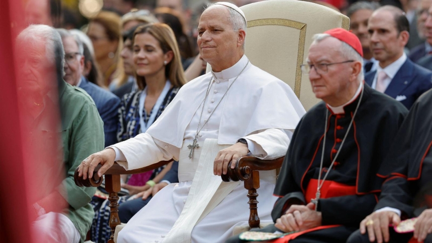 Pope Leo XIV and Cardinal Pietro Parolin, Vatican secretary of state, listen as Italian tenor Andrea Bocelli and a 164-member children's choir sing for the pontiff at the "Canticle of Peace" event in the Vatican Gardens at Castel Gandolfo on the evening of July 29, 2026. (OSV News photo/Remo Casilli, Reuters)