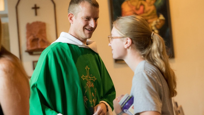 Benedictine Father James Raber, a college chaplain at the North Carolina-based Belmont Abbey College, greets people after celebrating Mass Sept. 11, 2025, for U.S. medical volunteers at the Institute for Latin American Concern campus in Santiago de los Caballeros, Dominican Republic. (OSV News photo/Tom Tracy)