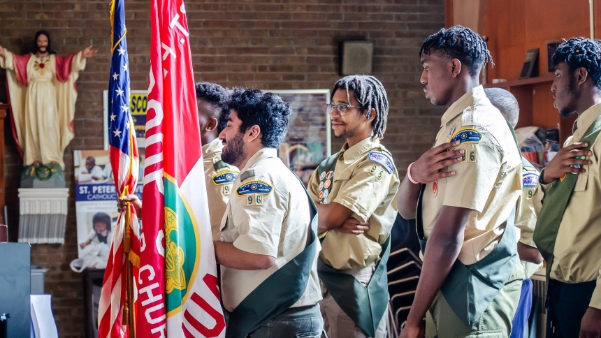 Members of the Eagle Scout Court of Honor unit sponsored by the Knights of Peter Claver in Minneapolis are seen in a July 30, 2026, photo. (OSV News photo/courtesy Catholic Scouting America)