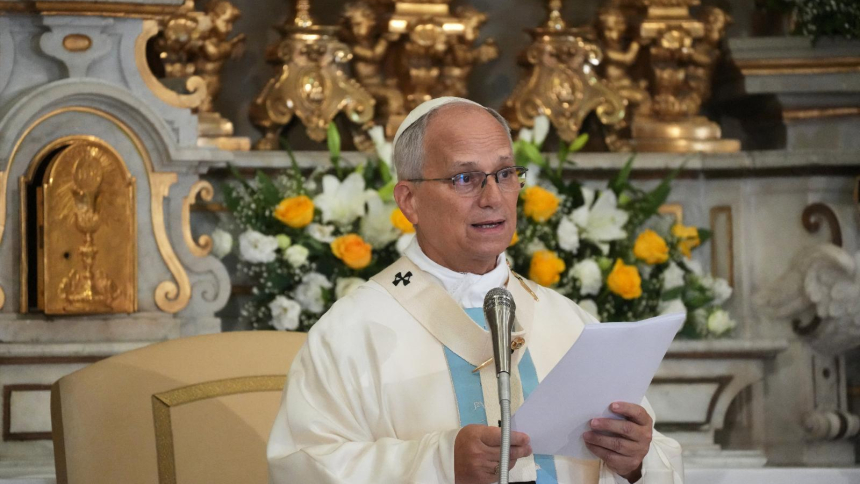 Pope Leo XIV celebrates a Mass in the Pontifical Parish of St. Thomas of Villanova, in Castel Gandolfo, Italy, Aug. 15, 2026, on the feast the Assumption of the Blessed Virgin Mary. (OSV News photo/Gregorio Borgia, pool via Reuters)