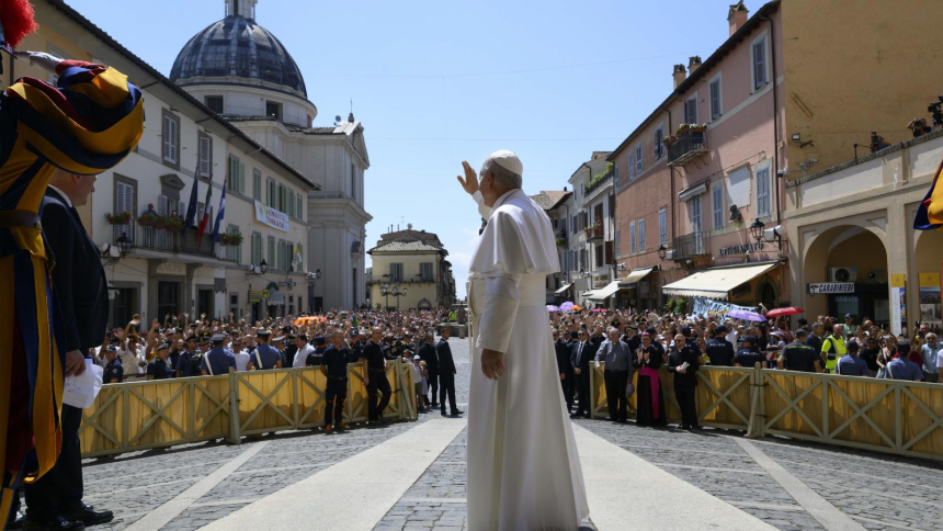 Pope Leo XIV greets people around noon in Piazza della Liberta in Castel Gandolfo near Rome Aug. 16, 2026. After leading the Angelus prayer, the pope decried the violence in the West Bank and called on the international community to "work toward advancing the two-state solution." (OSV News photo/Simone Risoluti, Vatican Media)