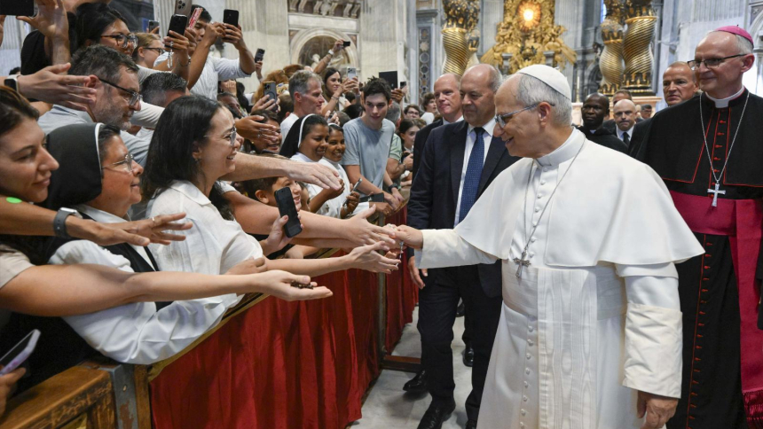 Pope Leo XIV greets visitors and pilgrims before his weekly general audience in St. Peter's Basilica at the Vatican Aug. 19, 2026. (CNS photo/Vatican Media)