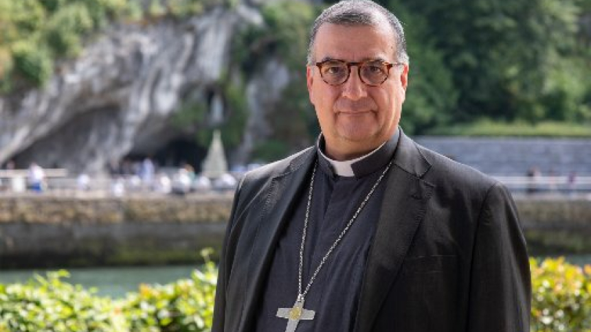 Bishop Jean-Marc Micas of Tarbes and Lourdes is pictured in an undated photo. All mosaics by disgraced priest Father Marko Rupnik adorning the Basilica of Our Lady of the Rosary in Lourdes will be covered ahead of Pope Leo XIV's Sept. 25-28, 2026, visit to France and will remain covered indefinitely, said Bishop Micas. (OSV News photo/courtesy Lourdes Sanctuary)