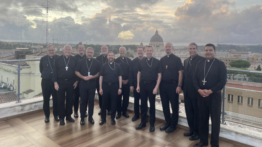 Twelve of the 13 U.S. bishops in Rome for the Vatican-sponsored courses for new bishops pose for a photo on the roof of the Pontifical North American College in Rome Sept. 10, 2025. Pictured, from left to right, are: Chicago Auxiliary Bishop Timothy J. O'Malley; Auxiliary Bishop Kevin T. Kenney of St. Paul and Minneapolis; Bishop Scott E. Bullock of Rapid City, South Dakota; Bishop-designate Ralph B. O'Donnell of Jefferson City, Missouri; Chicago Auxiliary Bishop John S. Siemianowski; Bishop-designate Thoma