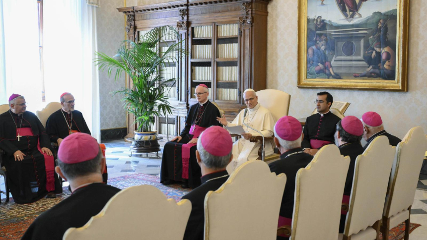 Pope Leo XIV speaks during a private audience with members of the Conference of the Latin Bishops of the Arab Regions at the Vatican Sept. 3, 2026. Pope Leo spoke about the "precious presence" of the small Christian community in the Middle East. (OSV News photo/Mario Tomassetti, Vatican Media)
