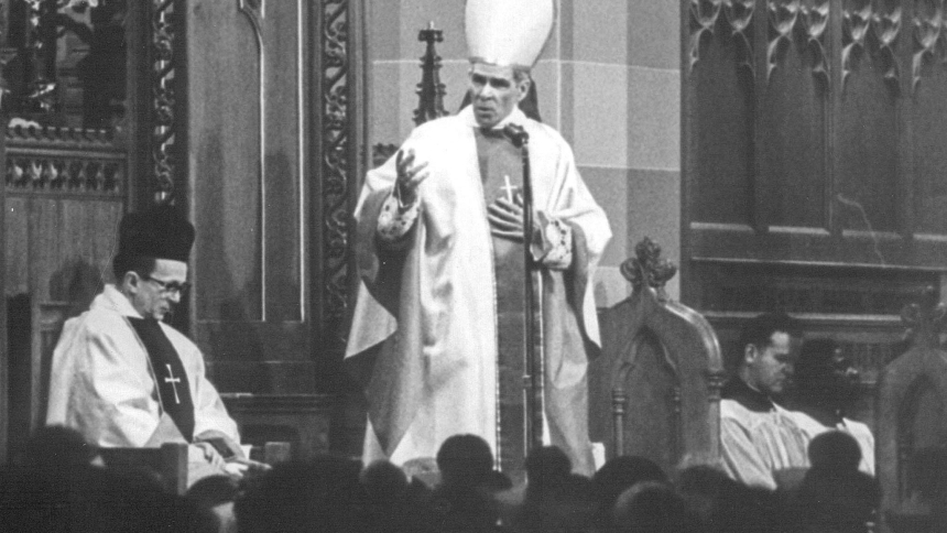 Then-Bishop Fulton J. Sheen speaks inside of Sacred Heart Cathedral in Rochester, NY, the day of his installation as the sixth bishop of Rochester Dec. 15, 1966. Catholics in the Diocese of Rochester will soon have a physical link to Venerable Sheen: A first-class relic of the soon-to-be-beatified cleric, who led the Rochester Diocese as its sixth bishop (1966-69), is being gifted to the diocese by Archbishop Sheen's native Diocese of Peoria, Ill. (OSV News photo/courtesy Diocese of Rochester Archives)