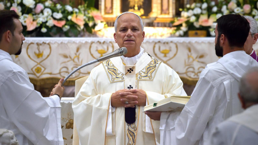 Pope Leo XIV celebrates Mass at the Shrine of Our Lady of Good Counsel in Genazzano, Italy, near Rome, Sept. 7, 2026, the eve of the feast of the Nativity of the Blessed Virgin Mary. (CNS photo/Stefano Spaziani, pool)