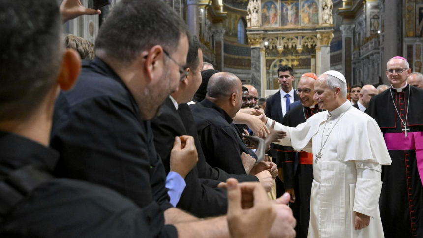 Pope Leo XIV greets diocesan leaders at the conclusion of an assembly at the Basilica of St. John Lateran, the cathedral of the Diocese of Rome, Sept. 18, 2026. The meeting opened the new pastoral year for the Diocese of Rome. (CNS photo/Vatican Media)