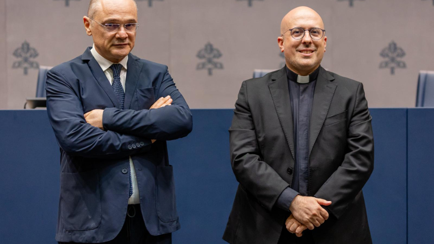 Professor Pierluca Azzaro, left, executive secretary of the Ratzinger Foundation, and Father Roberto Regoli, president of Ratzinger Foundation announce that Notre Dame professor John C. Cavadini, who served as the director of the McGrath Institute for Church Life, has been selected as the winner of the 2026 Ratzinger Prize at the Holy See Press Office Sept. 22. (OSV News photo/Sergio Augusto Sannipoli, courtesy of Ratzinger Foundation)