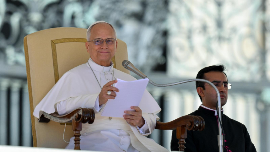 Pope Leo XIV speaks to visitors during his weekly general audience in St. Peter’s Square at the Vatican Sept. 23, 2026. (CNS photo/Vatican Media)