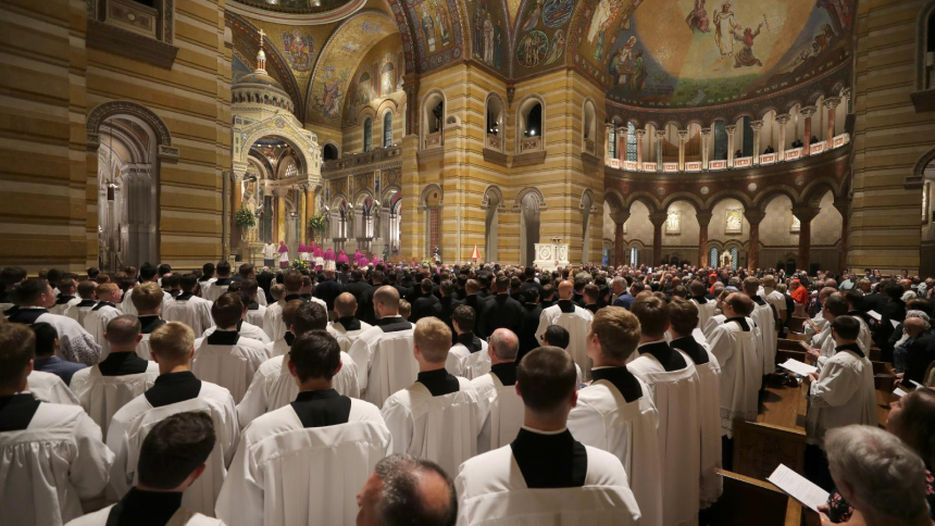 Seminarians watch as prelates process in at the start of the vespers for Venerable Fulton J. Sheen Sept. 23, 2026, at the Cathedral Basilica of St. Louis, the eve of his beatification. Archbishop Sheen is remembered as one of the most influential and innovative evangelists in American history. (OSV News photo/Bob Roller)