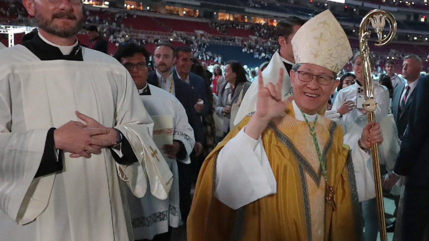 Cardinal Luis Antonio Tagle, a pro-prefect of the Holy See's Dicastery for Evangelization, gestures as he processes after concelebrating the beatification Mass for Archbishop Fulton J. Sheen Sept. 24, 2026, at The Dome at America's Center in St. Louis. Blessed Sheen is remembered as one of the most influential and innovative evangelists in American history. (OSV News photo/Bob Roller)