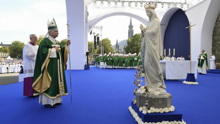 Pope Leo XIV celebrates Mass at the Prairie of the Shrine of Our Lady of Lourdes in Lourdes, France, Sept. 27, 2026, during his apostolic journey to France. (CNS photo/Vatican Media)
