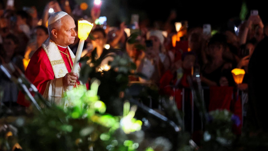 Pope Leo XIV leads a candlelight procession at Sanctuary of Our Lady of Lourdes during his four-day apostolic journey to France, in Lourdes, France, Sept. 27, 2026. (OSV News photo/Stephane Mahe, Reuters)