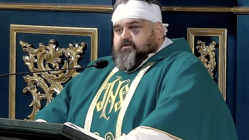 Father Adrian Mantykiewicz, still bearing bandages and bruises from the Sept. 24, 2026, knife attack at the Benedictine sisters' abbey in Jaroslaw, Poland, celebrates Mass Sept. 26 and delivers a message of forgiveness, praying for the attacker and urging respect and solidarity between Poles and Ukrainians. (OSV News screenshot/courtesy Radio Fara)