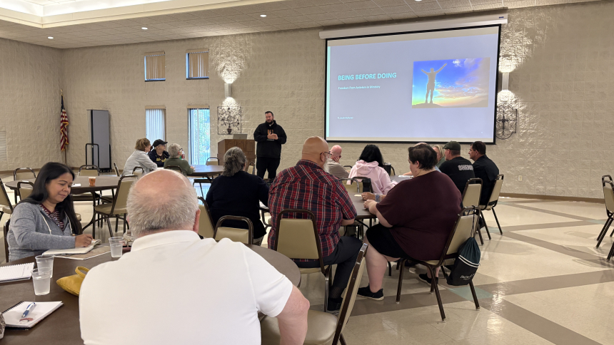 Father Jacob McDaniel presents on the topic of "“Being Before Doing: Freedom from Activism in Ministry” at Our Lady Queen of Martyrs South Campus in Merrillville on Sept. 19 as part of the Saturday formation program. Saturday formation events are designed for Lay Ecclesial Ministry (LEM) students and are open to all involved in parish ministry activities to provide sessions on various topics connected to living as missionary disciples. (Cecilia Cicone photo)