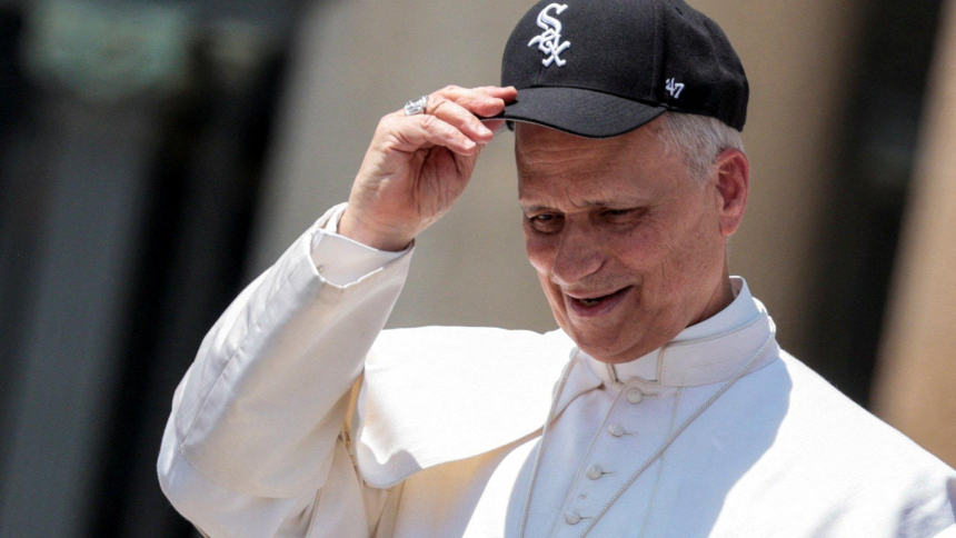 Pope Leo XIV wears a Chicago White Sox baseball cap during his weekly general audience in St. Peter's Square at the Vatican June 11, 2025. (OSV News photo/Remo Casilli, Reuters)