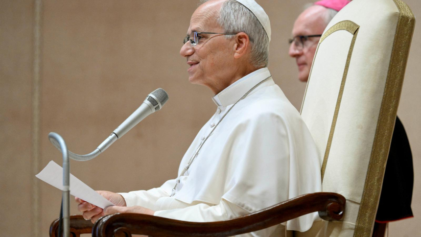 Pope Leo XIV speaks during a meeting with members and volunteers of the Circolo San Pietro at the Vatican Oct. 12, 2026. Political and religious leaders worldwide offered prayers and support for Pope Leo after he announced Oct. 11 that he will undergo surgery to remove a small, localized lung nodule detected by doctors. (OSV News photo/Simone Risoluti, Vatican Media)
