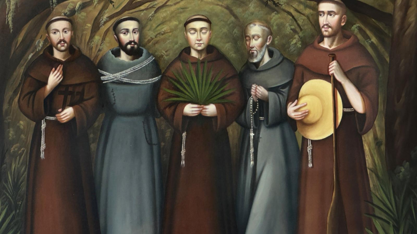 This oil on canvas of the five Georgia Martyrs titled "Faith breaks language barriers of the five Martyrs" was created in 2021 by artist Clorinda Galdos Bell. A date for the Franciscan friars' beatification has been set for Oct. 31, 2026, in Savannah. (OSV News photo/courtesy Clorinda Galdos Bell)