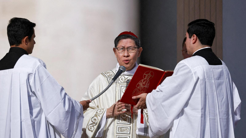Cardinal Luis Antonio Tagle, pro-prefect of the Dicastery for Evangelization, celebrates Mass in St. Peter's Square at the Vatican Oct. 14, 2026, on the final day of a meeting in which the presidents of bishops' conferences are marking the 10th anniversary of "Amoris Laetitia" ("The Joy of Love"). The Mass also included special prayers for the health of Pope Leo XIV, following his lung surgery the previous day and diagnosis of cancer. (OSV News photo/Stoyan Nenov, Reuters)