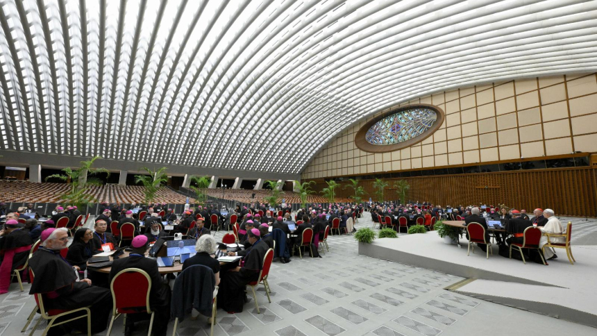 Pope Leo XIV talks at a table with prelates and laypeople Oct. 7, 2026, after he opened the weeklong Vatican meeting of presidents of bishops' conferences marking the 10th anniversary of "Amoris Laetitia" ("The Joy of Love"). In his opening address, the pope spoke about the pastoral responsibility of the Church to find renewed ways of proclaiming the Gospel, offering sacramental graces and accompanying families today. Following surgery the afternoon of Oct. 13 to remove a lung nodule, the Vatican confirmed 