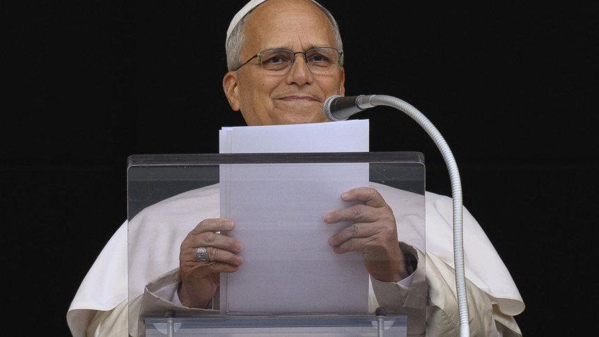 Pope Leo XIV smiles as he leads the Angelus in St. Peter's Square at the Vatican Oct. 18, 2026, after being released from the hospital the previous day. Lead surgeon Dr. Stefano Margaritora said the pope's recovery is progressing normally and that there is no medical reason to cancel his planned Nov. 6-17 trip to South America. (OSV News photo/Matteo Pernaselci, Vatican Media)