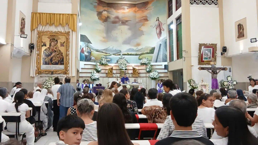 The congregation gathers at a memorial Mass for Redemptorist Father Patricio Alfredo Sánchez Molinari Oct. 18, 2026, at Our Lady of Perpetual Help Church in Guayaquil, Ecuador. A day earlier he was fatally injured when a large crucifix tipped forward and fell, striking the priest directly on the head while he was celebrating Mass at the church. (OSV News photo/courtesy Our Lady of Perpetual Help Parish in Guayaquil)