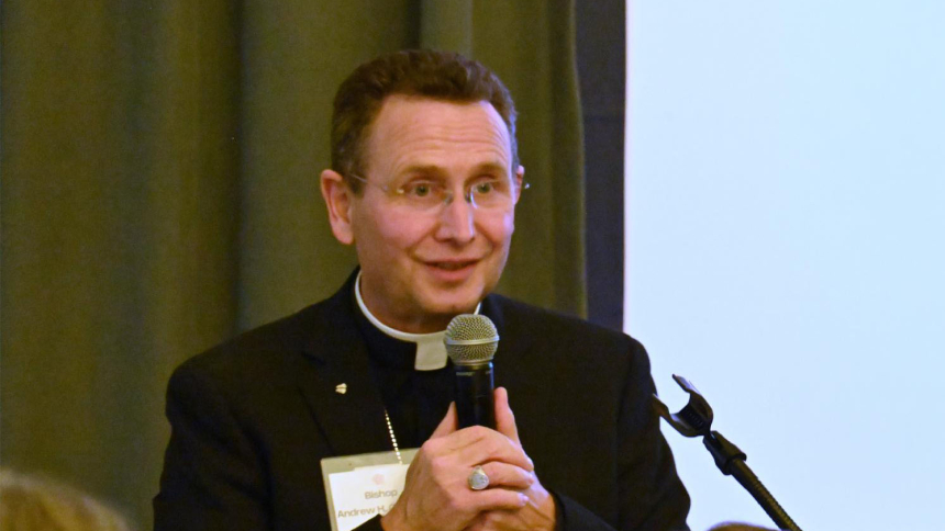 At a dinner event in Indianapolis on Oct. 20, 2026, Crookston, Minn., Bishop Andrew H. Cozzens, board chairman of the National Eucharistic Congress Inc., announces that the 11th National Eucharistic Congress will be held in Indianapolis in 2029. (OSV News photo/Natalie Hoefer, The Criterion)