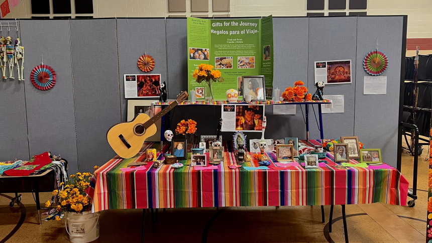 Exhibition " Gifts for the Journey- Regalos para el Viaje" demonstrates the important key elements needed in an ofrenda (altar). 