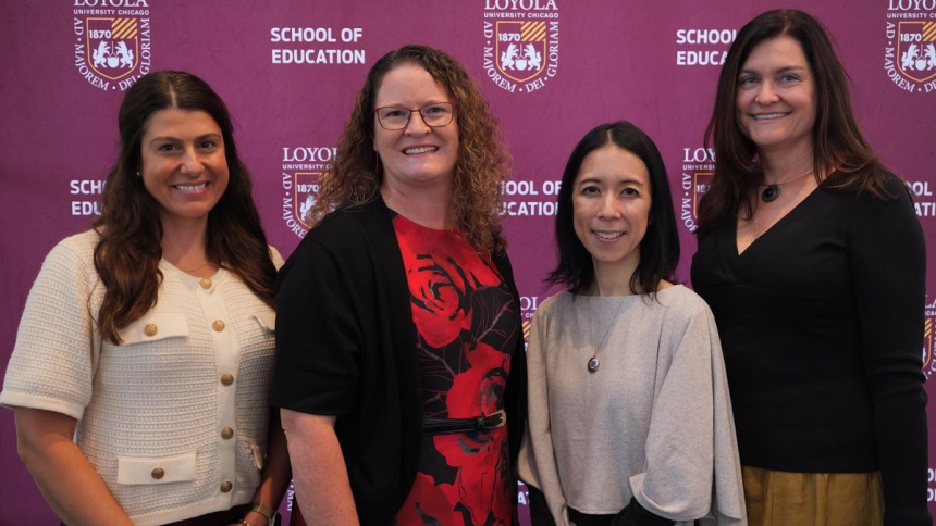 Dr. Colleen Brewer stands with other Loyola University Chicago School of Education’s 2026 Distinguished Alumni