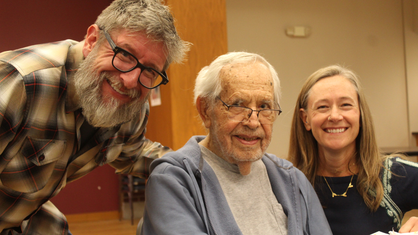 Enjoying his final event at Holy Spirit in Winfield, Bob Gorski (center) is joined by his son-in-law and daughter, Josh and Carla Pearson, as he bid farewell to fellow parishioners and prepared to join his family in Colorado. Raised in Dolton, Ill., Gorski spent the first 70 years of his life in Chicagoland before moving to Winfield with his late wife 20 years ago and continuing to serve as an active Catholic. (Marlene A. Zloza photo)